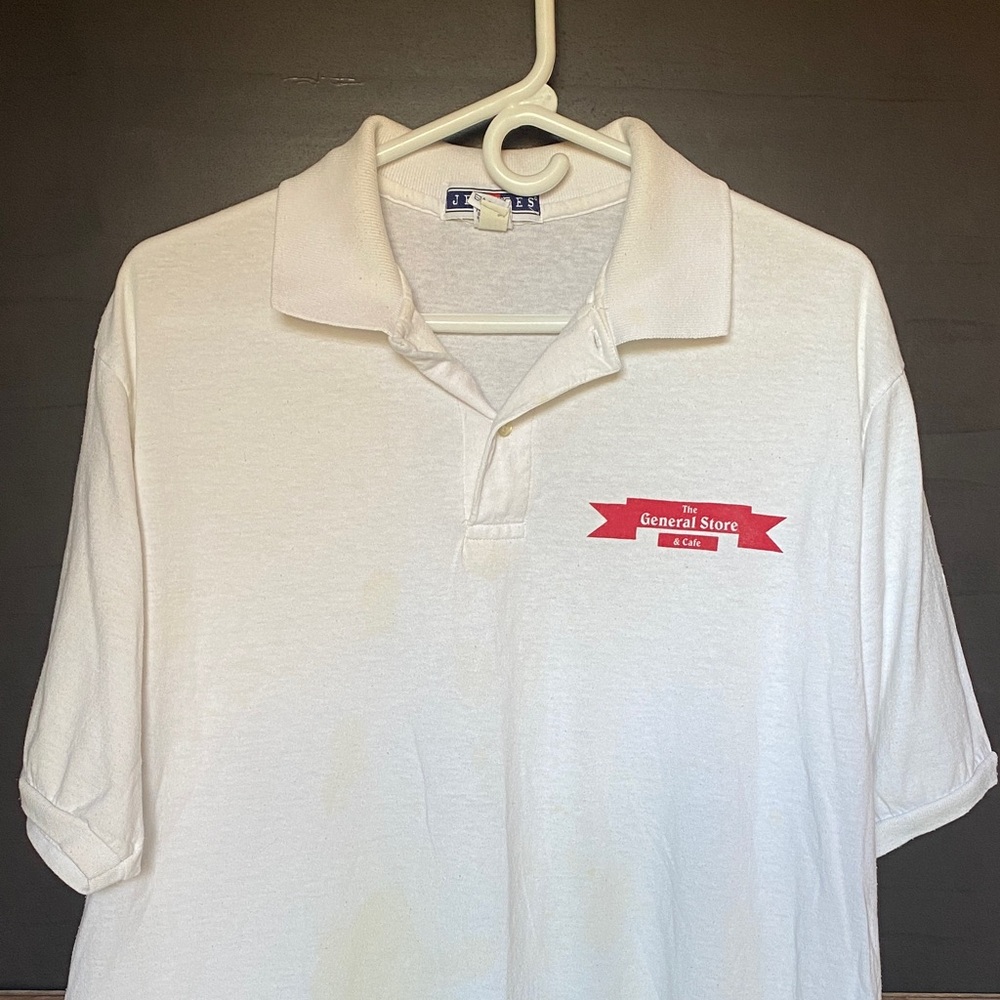 General Store Work Shirt White Polo Shirt with Red Logo
